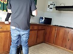 cute homemade quickie in kitchen, fucking standing with hairless pussy.