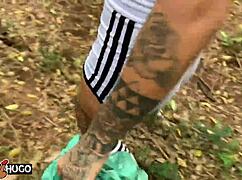 this tattooed young girl casually licks pussy with a stranger in the bushes after smoking