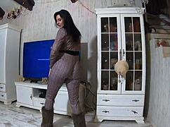 preview of cheating wife blowing husband's friend in hot jumpsuit and fur jacket