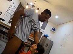 busty and beautiful jennie fucks the pizza delivery guy, hot interracial sex in the kitchen.