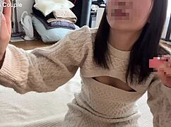 Emu Yumi eats two huge cocks alternately with handjob and glans teasing for massive cumshot