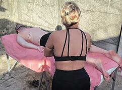 outdoor massage leads to bareback fucking with big cock