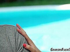 brunette teen sucks grandfather's dick outdoors