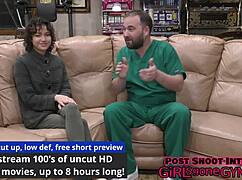 brooklyn rossi feels nervous during her first gyno exam, spreading her shaved pussy.