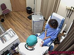 brooklyn rossi feels nervous during her first gyno exam, spreading her shaved pussy.