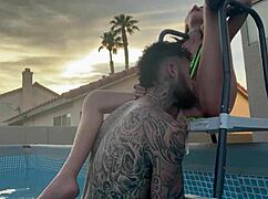 Teasing the pool boy with ass licking and blowjob in the backyard