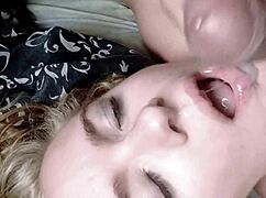closeup slowmotion shows stepdaughter swallowing my cum twice then four times