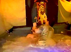 Quickie creampie hot tub fuck with santana red in jacuzzi.