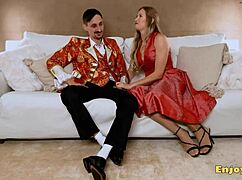 Busty Blonde Gargles Hard-On with Shaved Pussy in HD