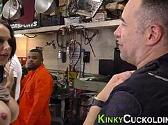 busty wife sucks a huge schlong in this cuckold scene