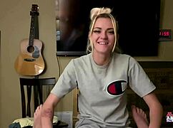 Petite inked blonde sassy rubs her juicy titties and finger fucks her twat