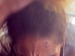 lightskin ebony step-sister gives blowjob by window, gets facial as boyfriend searches