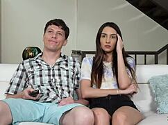 Stepbrother reveals his big cock to stepsister for deepthroat on sofa