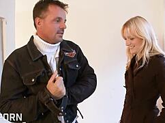 Blonde girl gets hot handjob with cum on natural tits outdoors