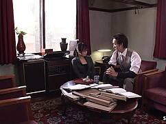 The young Japanese secretary in glasses seduces her old boss at work.