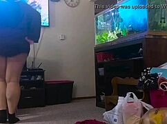 chubby mom tidies up the house