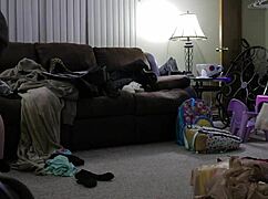 chubby mom tidies up the house