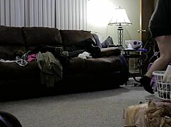 chubby mom tidies up the house