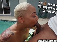 this ebony milf with a huge ass sucks a big black cock by the pool, then gets fucked.