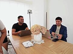 Hot young guy offers money for threesome and fucks mute employee while stepmom sleeps!