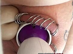 horny babe toys her pierced pussy with dildo