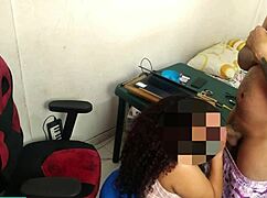 curvy brunette with curly hair gets taken in her office