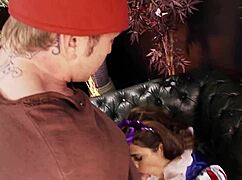 hey, this dwarf drills snow white's big fake tits on the couch