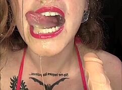 Malafalda demonstrates food play with a banana, lipstick, and milk in a solo video.