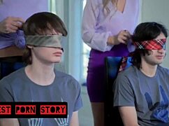 the step mom is giving their step son a blindfold surprise in the room