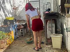 My Stepdaughter Is Cleaning The Patio In A Skirt