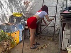 My Stepdaughter Is Cleaning The Patio In A Skirt