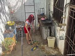 My Stepdaughter Is Cleaning The Patio In A Skirt