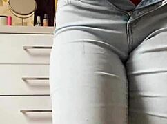 Petite blonde strips intensely in tight jeans