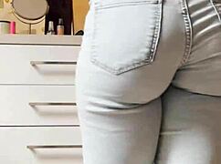Petite blonde strips intensely in tight jeans
