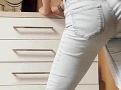 Petite blonde strips intensely in tight jeans