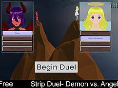 In a strip duel, the demon versus the angel, clothes get ripped in erotic lesbian play.