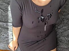 Passionate handjob and blowjob ending with cum on hot dress pov