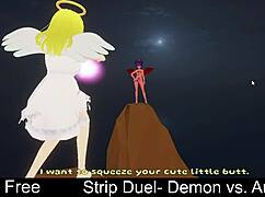In a strip duel, the demon versus the angel, clothes get ripped in erotic lesbian play.