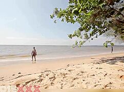 Caribbean Naked Girl's Ass Touched by Stranger on Beach After Shower!