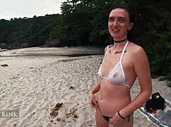 Alice Kink strips micro bikini on public beach