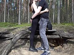 Pretty brunette sucks cock and rims ass outdoors