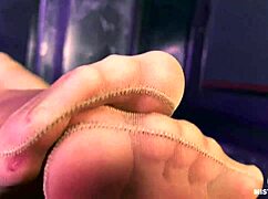 I tease you with my beautiful feet and ass in flesh-colored pantyhose, goddess-like and tempting