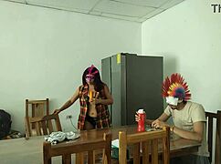 Housemaid Sensually Touches Body, Flirts with Dildo While Feeding Blind Man