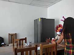 Housemaid Sensually Touches Body, Flirts with Dildo While Feeding Blind Man