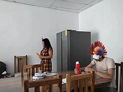 Housemaid Sensually Touches Body, Flirts with Dildo While Feeding Blind Man