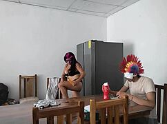 Housemaid Sensually Touches Body, Flirts with Dildo While Feeding Blind Man