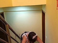 Depraved Maid Regina Noir Shows Pussy Cleaning Stairs