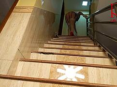 Depraved Maid Regina Noir Shows Pussy Cleaning Stairs