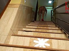 Depraved Maid Regina Noir Shows Pussy Cleaning Stairs