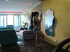 Latina stepsister dances teasingly in my new apartment condo room.